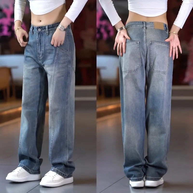 

Retro High Street Men's Jeans Loose Straight Leg Cotton Casual Trousers Faionable American Sle Autumn Long Pants