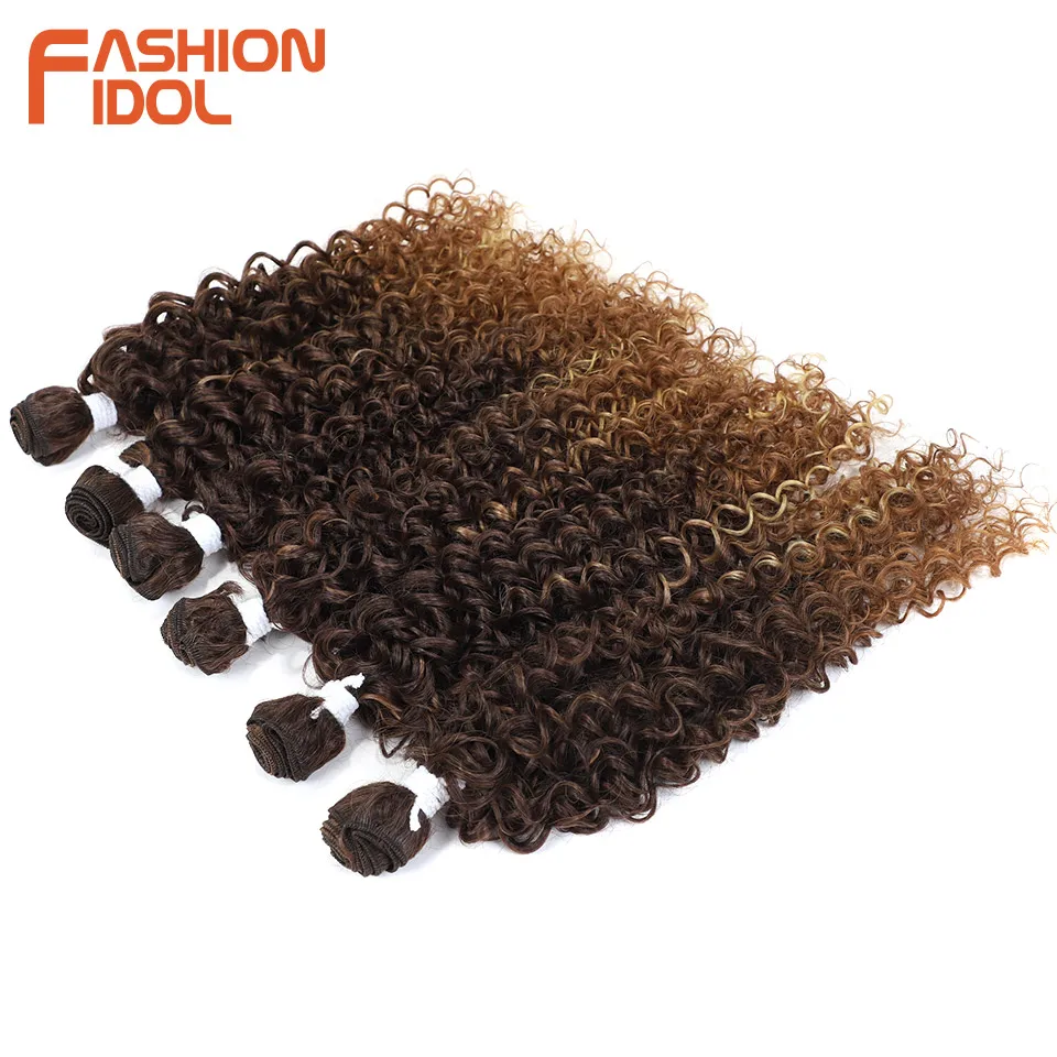 FASHION IDOL Afro Kinky Curly Hair Extensions 14-18 inch 6PCS Synthetic Hair Bundles Weave Ombre Brown Fake Hair