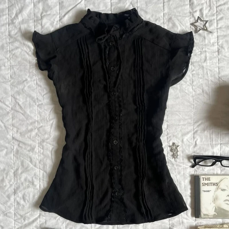 Camisetas informales Vintage de manga corta para mujer, Tops cortos con cordones coreanos elegantes de diseño Y2k, camisetas blancas elegantes y dulces a la moda