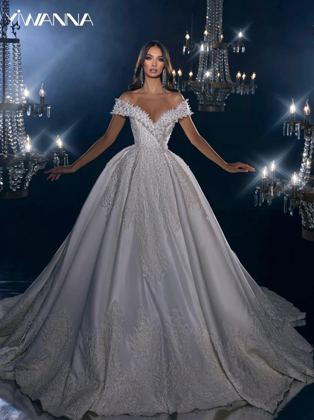 

Graceful Off The Shoulder Bridal Dress Sparkly Sequins Pearls Wedding Gown Luxury Satin Ball Gown Bride Robe Vestido De Novia