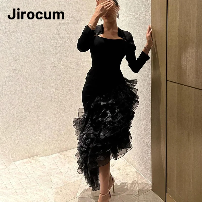 

Jirocum Black Mermaid Evening Gown Women's Long Sleeve Ruffle Organza Party Prom Gowns Saudi Arabia Formal Occasion Dress 2025