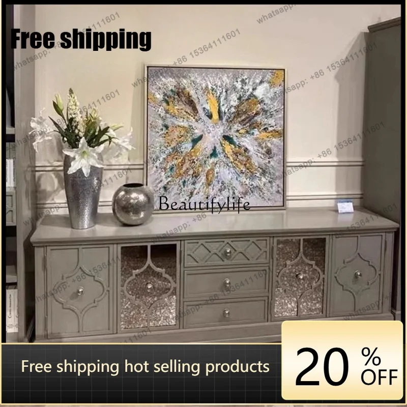 Factory Direct  American old solid wood carving flower metal foot champagne gold TV cabinet