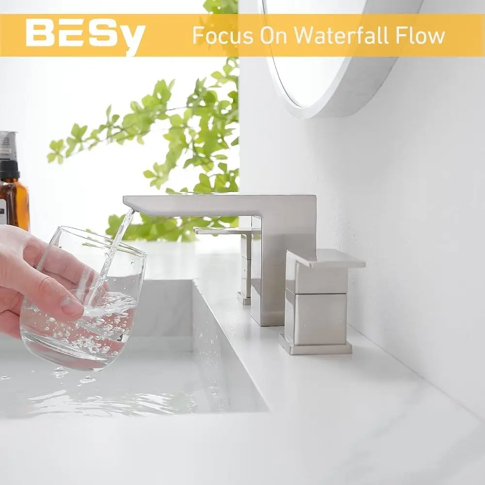 8 صنابير حوض حمام مربعة الشكل ذات 3 فتحات مع مقبضين وصرف منبثق من النيكل المصقول