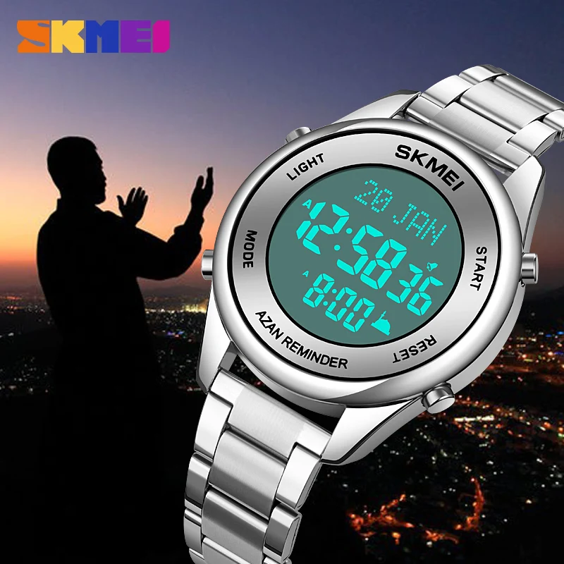 

SKMEI Azan Watch for Muslim Prayer Qibla Compass Adhan Alarm Wrist Watch Hijri Calendar Clock LED Light Digital Watch For Men