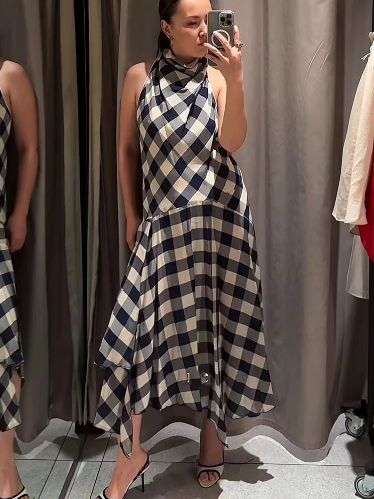 2026 Damen Vintage Schwarzes Tartan Maxikleid Elegantes Ärmelloses Asymmetrisches Vintage-Kleid Lässiges Sommer-Splice-Kleid für Frauen