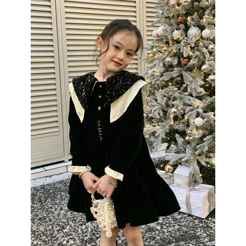 

Original Girls' Black Socialite Style Dress2025Autumn and Winter New Children's Sequin Doll Collar Velvet Skirt