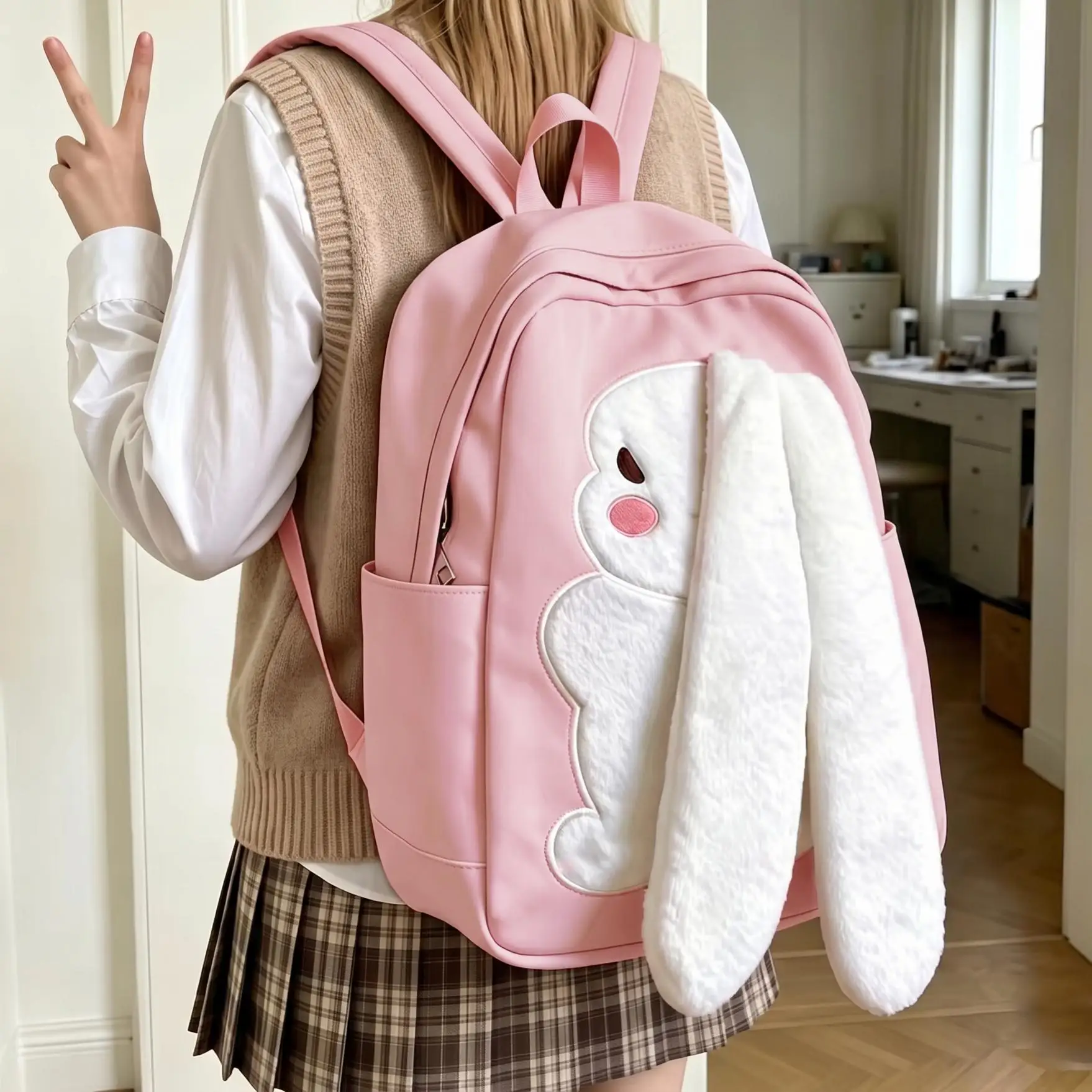 Rabbit-patterned backpack, designed with a rabbit motif. Popular lightweight backpack, stylish commuter bag, large-capacity travel bag, multi-functional storage backpack, suitable for teenagers, back to school, best gift for Valentine's Day, gift for friends or loved ones, gift for girlfriend, a fun gift