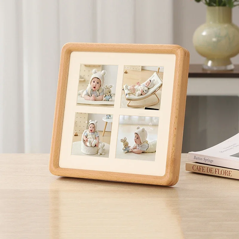 4-Grid Solid Wood Photo Frame Teak Mortise and Tenon Round Corner Display Frame for Children's Pictures Elegant Tabletop Decor