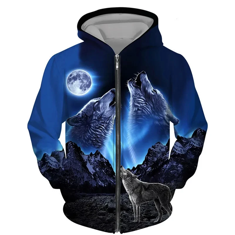 Golf Hoodie Zipper 3D Wolf Print Clothes For Men Clothing Y2k Fashion Casual Camping Long Sleeves Pullover Oversized Sweatshirts