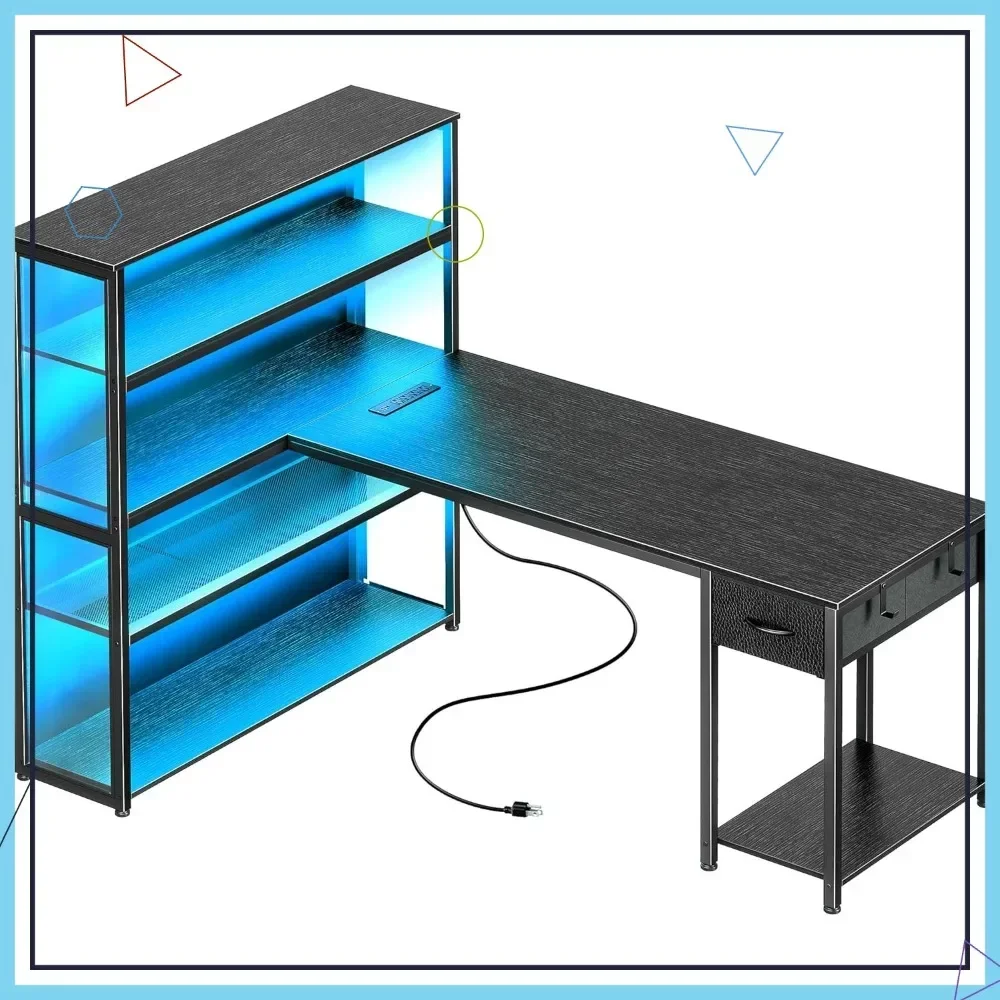 

Hot-selling57 Inch L-Shaped Gaming Desk with RGB Lights, Power Outlets, Adjustable Shelves & Drawer - Black