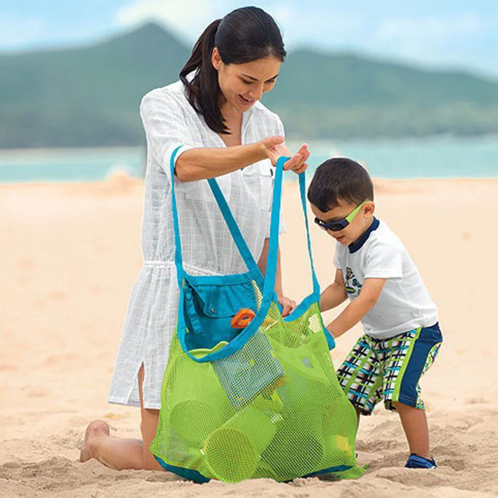 Bolsa de mano de malla para playa, juguetes de arena, bolsa de concha para playa, piscina, barco, familia, juego para niños, bolsa de malla de tamaño L, bolsa de malla para playa