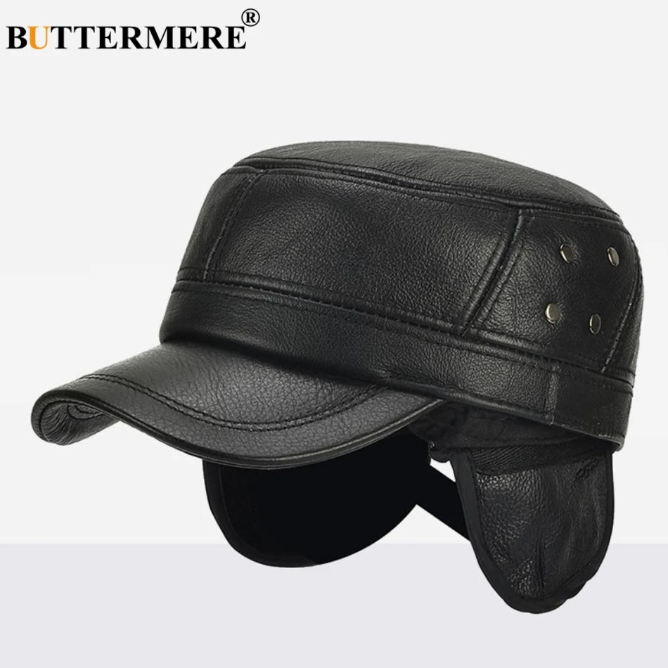 BUTTERMERE Men Cap Military Leather Brown Navy Captain Hat Real Cowskin Leather Adjustable Army Caps Male Winter Fiddler Hats