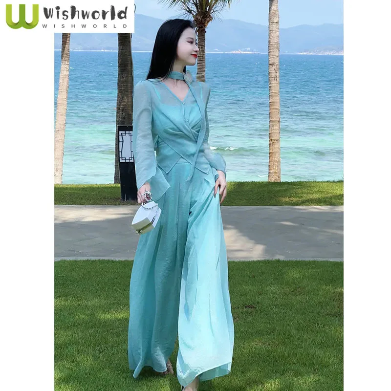 Spring and Summer Fashionable Women's Set Korean Style Fashionable Collar Flower Suspender Top Wide Leg Pants Two-piece Set