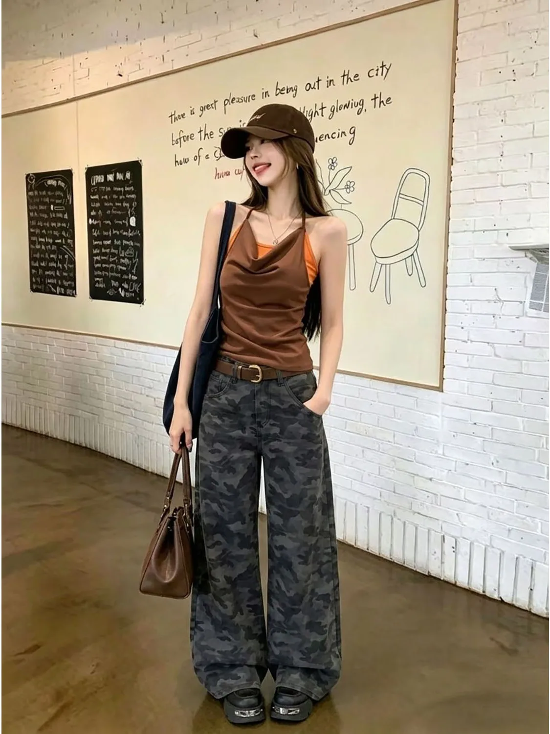 Casual High Waist Wide Leg Camouflage Denim Pants Women's Spring Autumn New Style Draping Street Dance Pants Floor-Length