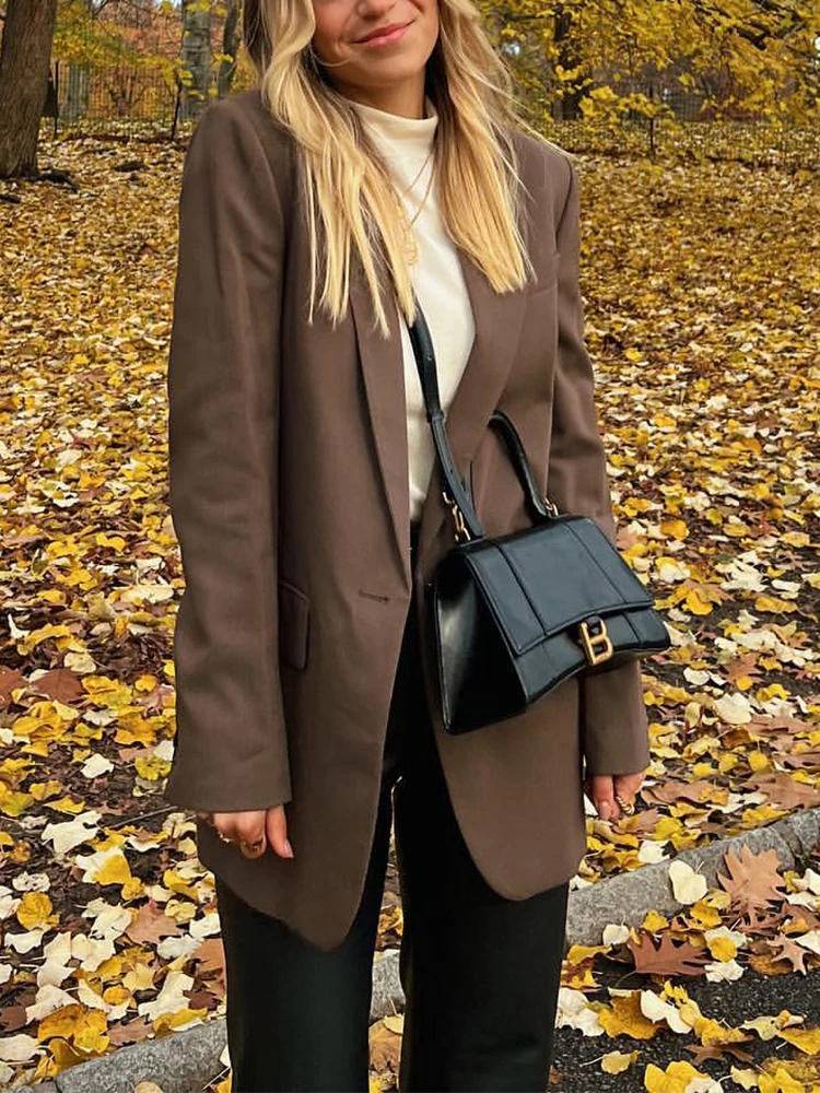 TRAFZA Woman Fashion 2023 Autumn Brown Office Lady Woman Suits Loose V Neck Blazer+High Waist Long Leg Pants Vintage Women Sets