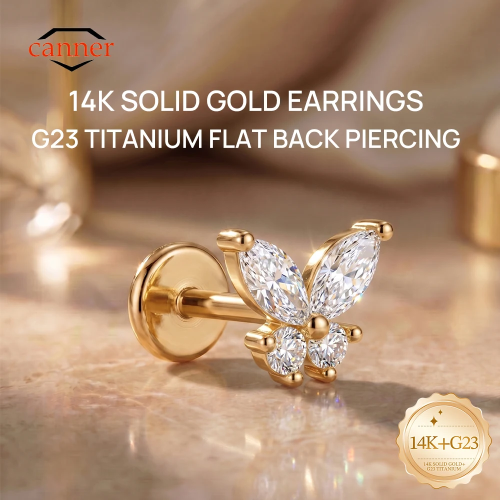 CANNER 1PC Real 14K Gold Butterfly Studs G23 Titanium Post Flat Back Earring Anti-Allergy Cartilage Piercing Jewelry Luxury Gift