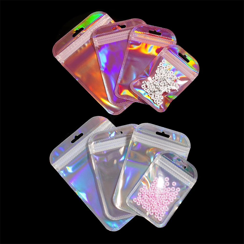 10Pcs Self-Sealing Laser Small Plastic Bags for Jewelry Pouch with Clear Display Window DIY Jewelry Packaging Gift Storage Bag