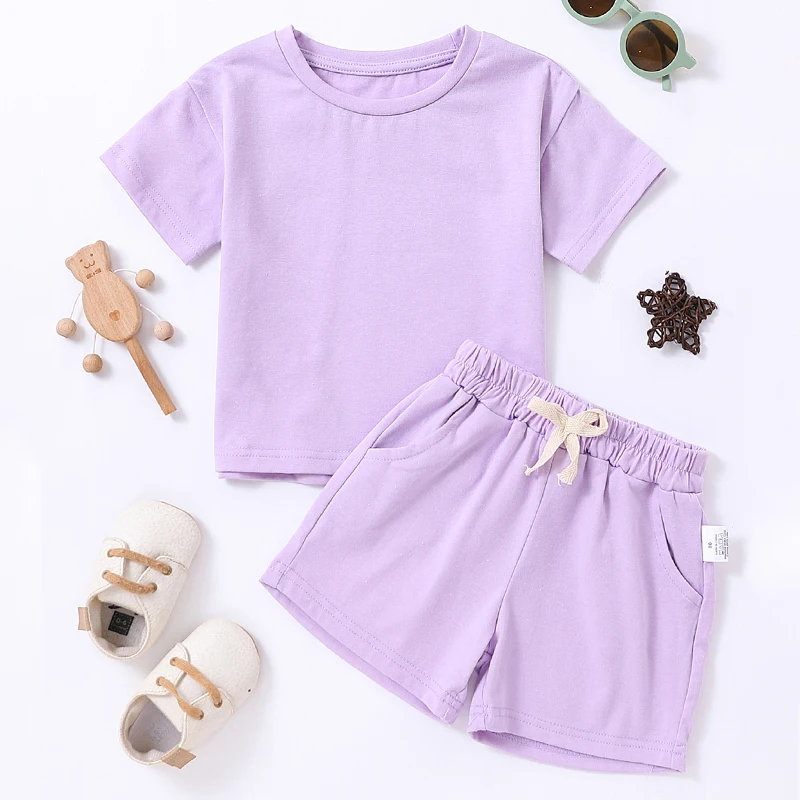 2023 Kids Solid Clothes Sets Summer Casual Short Sleeve + Elastic Waist Shorts Suits Toddler Sets for Girls Boys