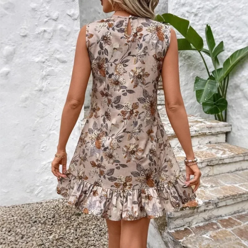 2025 Women Elegant Floral Print Vacation Beach Mini Dress Round Neck Sleeveless Ruffle Hem Office Lasy Party Short Dresses Robe