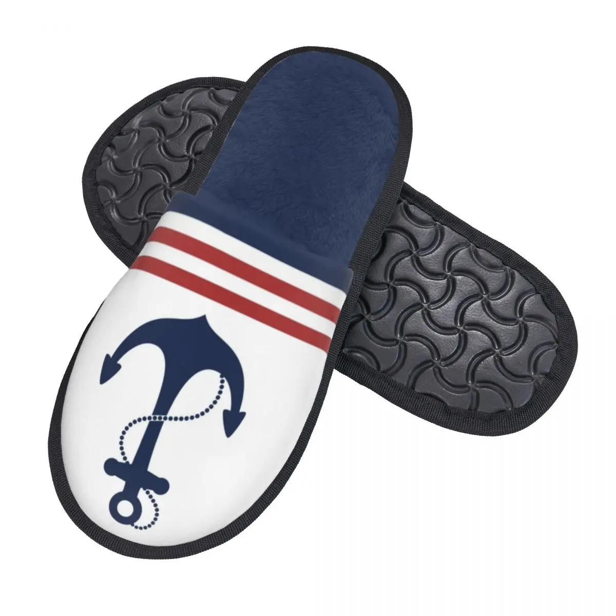 Nautical Navy Blue Anchor With Stripes House Slippers Cozy Warm Sailing Sailor Memory Foam Fluffy Slipper Indoor Outdoor Shoes