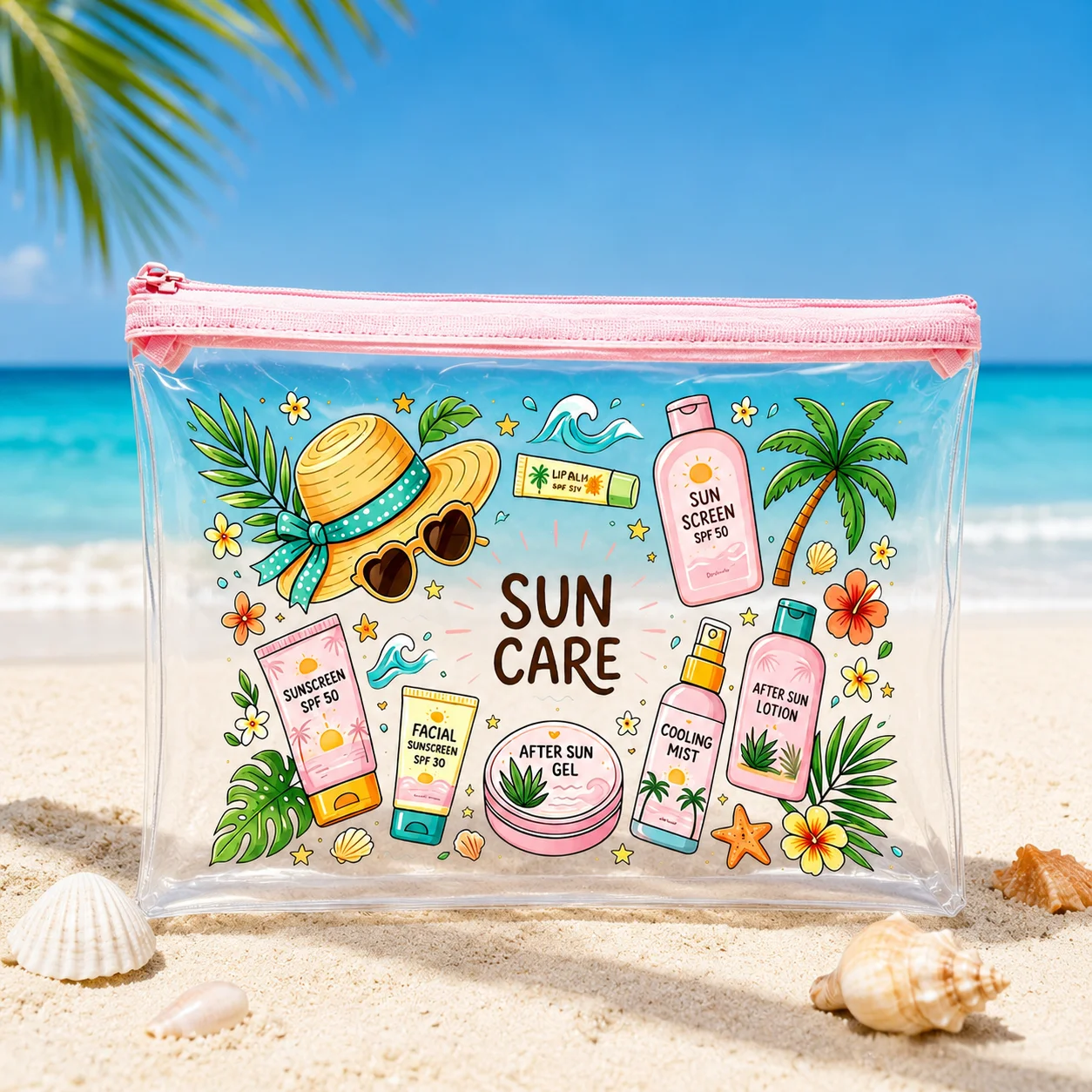 Summer Sun Care Clear PVC Makeup Bag, Waterproof Pink Zipper Organizer for Women, Beach, Pool, Travel & Sunscreen Toiletries