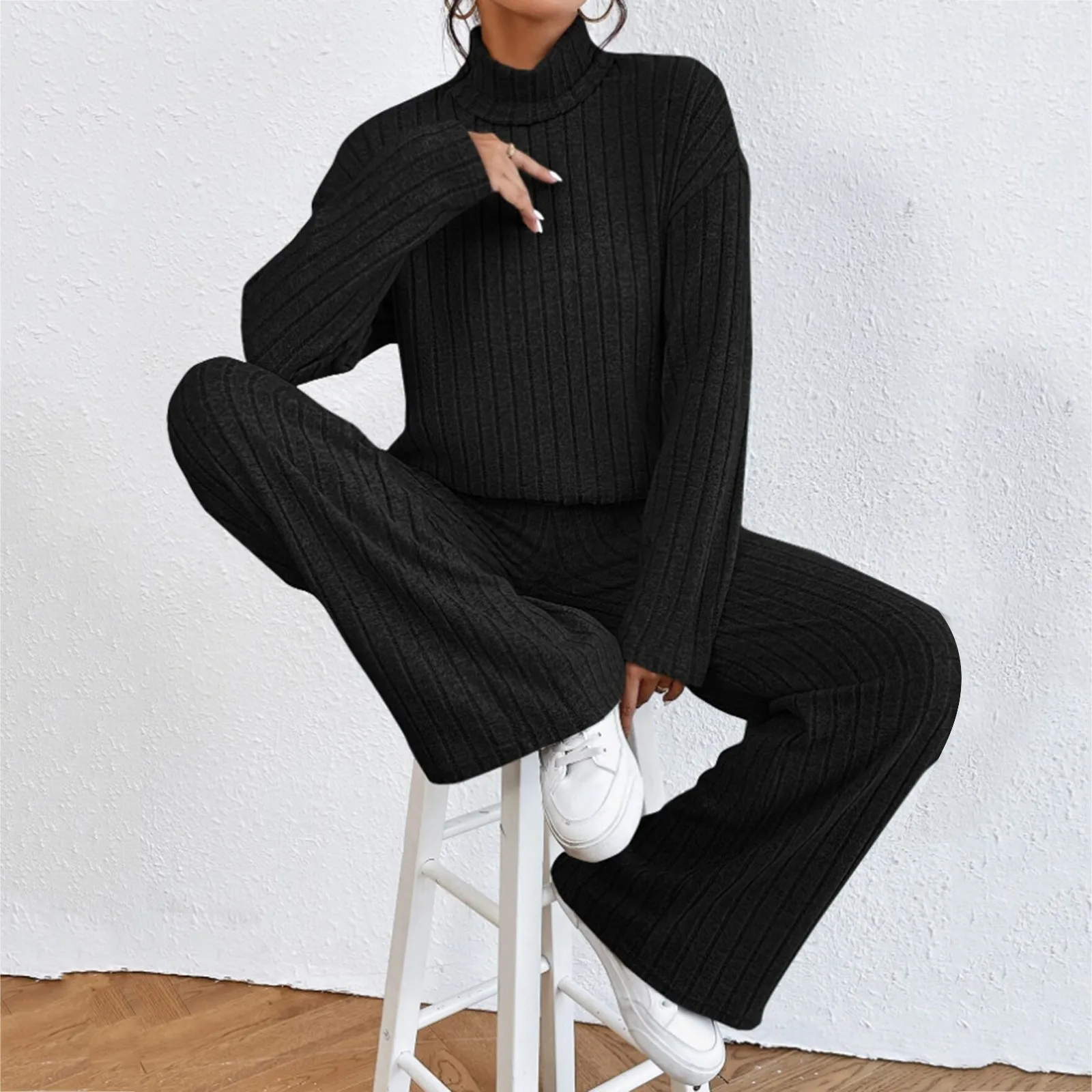 Solid Color Knitted 2 Piece Set Warm Long Sleeve Turtleneck T-Shirts+Loose Wide Leg Straight Trouser Suits Homewear Pajamas Sets