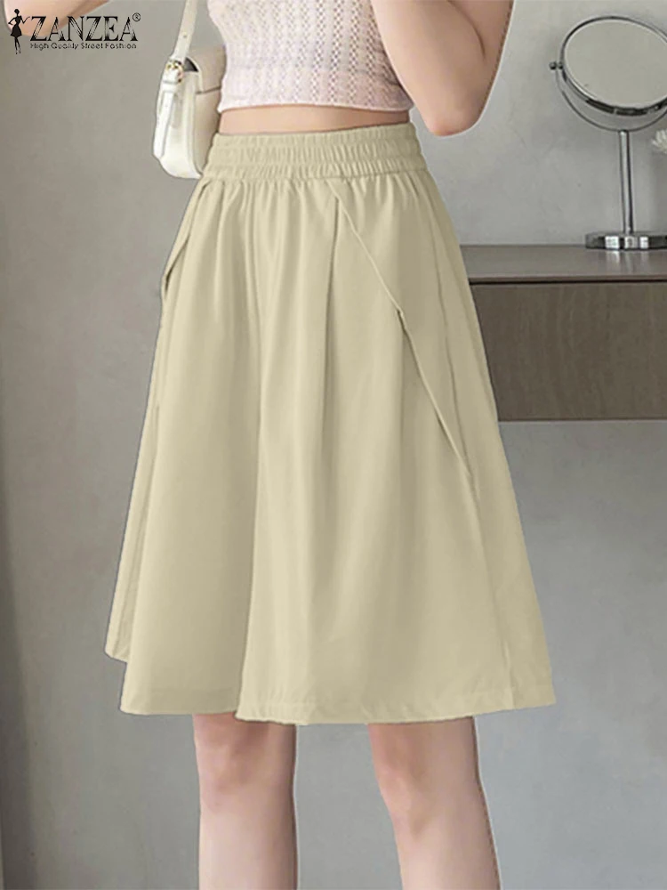 

Повседневные шорты в корейском стиле, брюки с эластичной резинкой на талии, свободные однотонные летние брюки с карманами, 2025 ZANZEA, винтажные короткие брюки большого размера