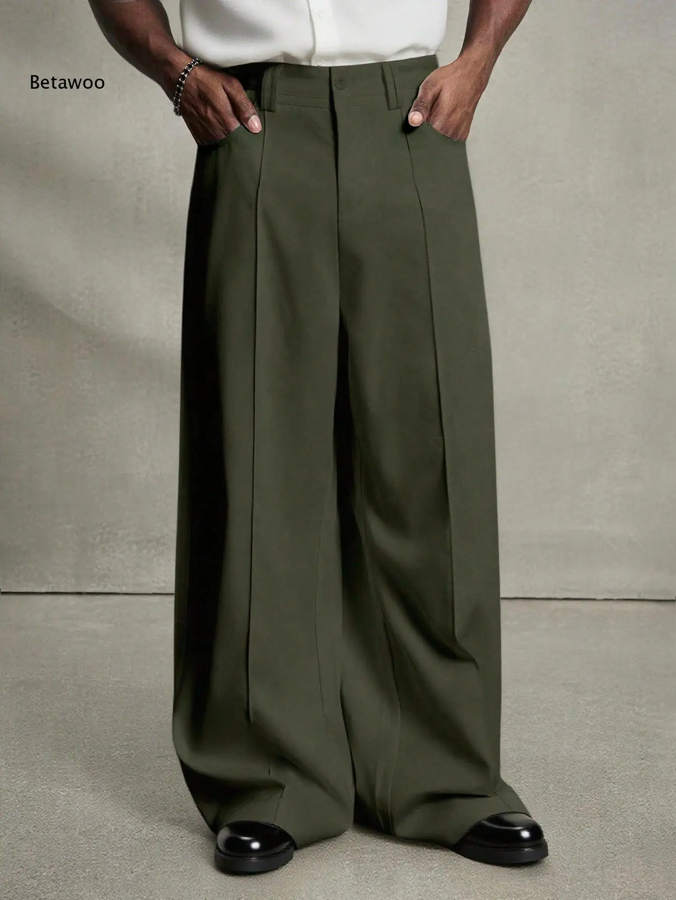 Men Solid Tone Wide Leg Pleated Trousers High Waist Loose Cut Smooth Surface For Formal Scenes And Urban Street Daily Outfits