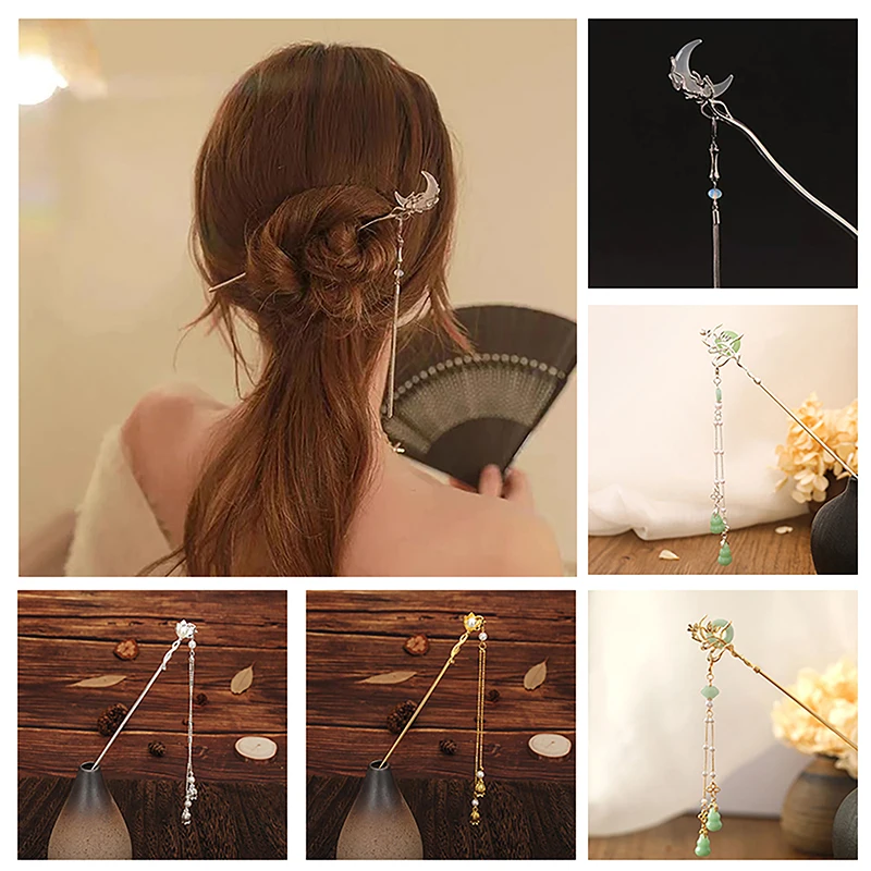 Vintage Moon Bamboo Leaves Tassel Hair Sticks Headwear for Women Retro Resin Leaf Pendant Hairsticks Headdress Jewelry