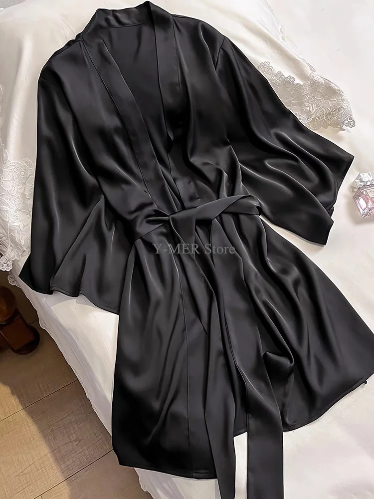 Women Solid Color Robe Satin Bridal Wedding Kimono Bathrobe Gown Short Sleewear Female Rayon Loungewear Intimate Lingerie