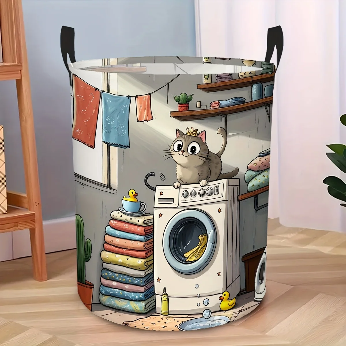 Cute Kitten Face Laundry Basket Foldable Circular Hamper Suitable for Clothes Portable Storage Bin with Handle for Room Travel