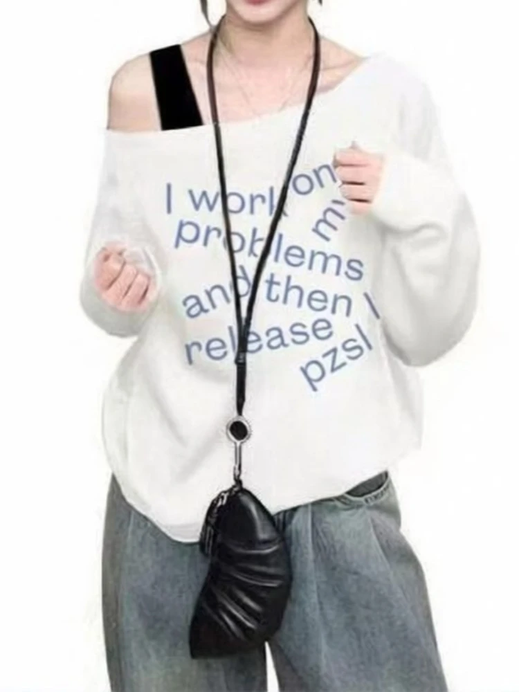 TXT Print One Shoulder T-Shirt Women Fake Two-Piece Oversized T Shirt with Strap Off Shoulder Top Long Sleeve Basic Tees Casual
