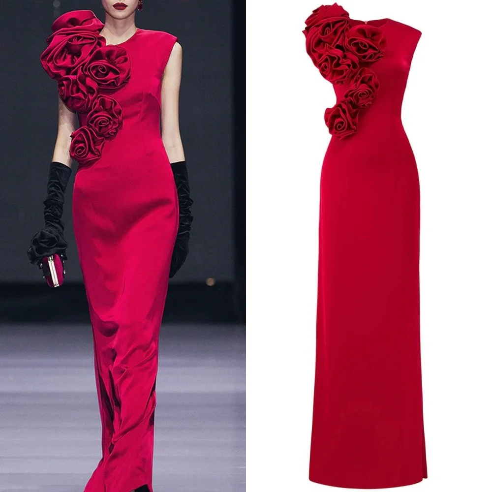  Evening  Sexy Casual  Jersey Flower Pleat Ruched Celebrity A-line O-Neck Bespoke Occasion Gown Long Dresses