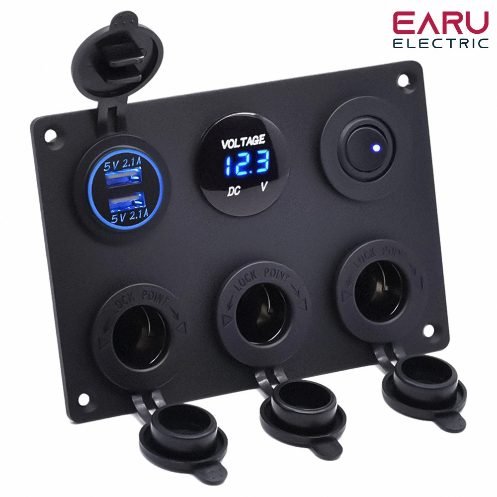 

12V Multi Panel Cigarette Lighter Plug Socket Power Outlet 4.2A Dual USB Charger LED Voltmeter Toggle Switch for Car Marine RV