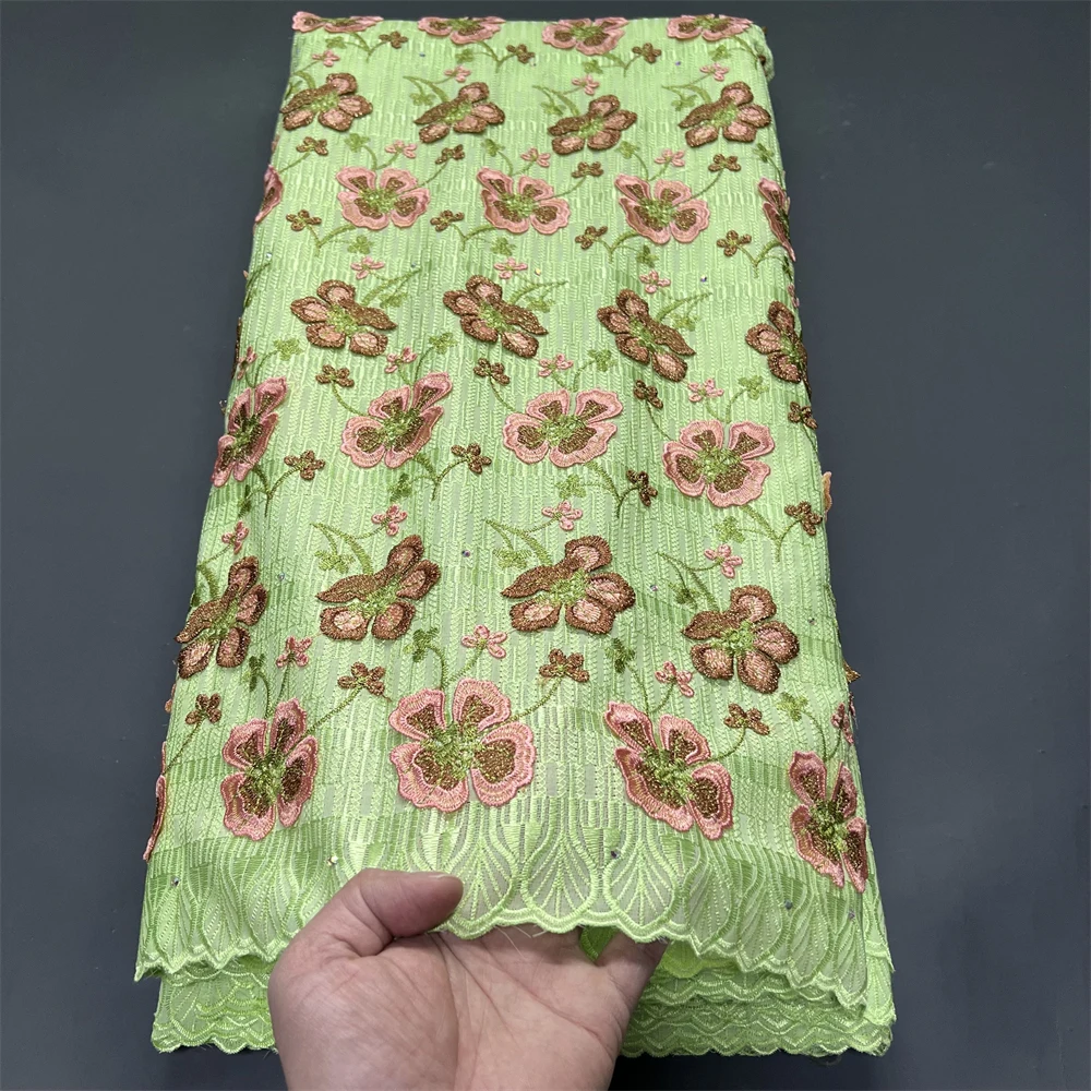 

2026 Latest High Quality African Nigerian Pure Tulle Damask Lace Fabric Embroidery Party Dress Sequins Cotton 5yards
