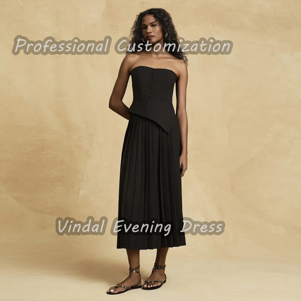 

Vindal Strapless Tea length Ruffle Prom Dress Straight luxurious Breast padding Crepe Elegant Sleeveless السعود For Woman 2024