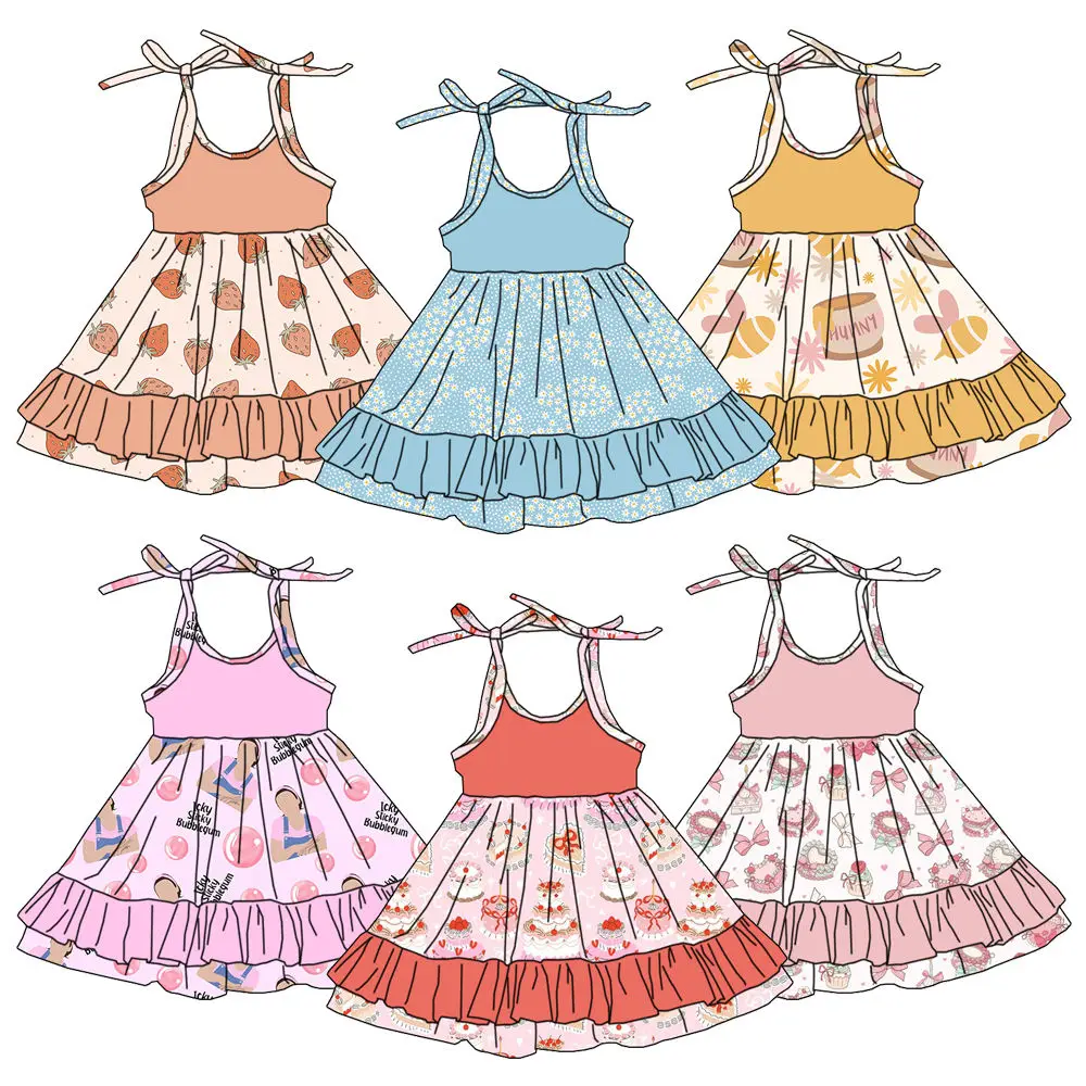 Summer Strawberry Print Baby Girl Dress Cute Floral Pattern with Two Layers Ruffles Children's Boutique Clothing
