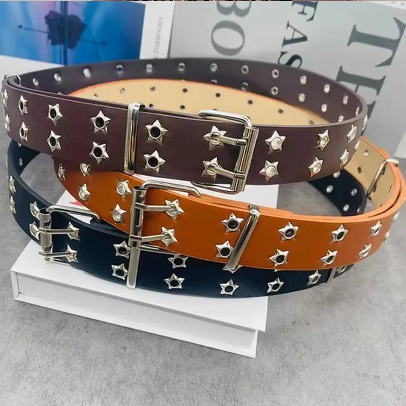Y2K Star Eye Rivet Cintura Goth Pu Leather Doppio Pin Fibbia Cinture per Donna Uomo Moda Casual Punk Cintura per Jeans Decorazione