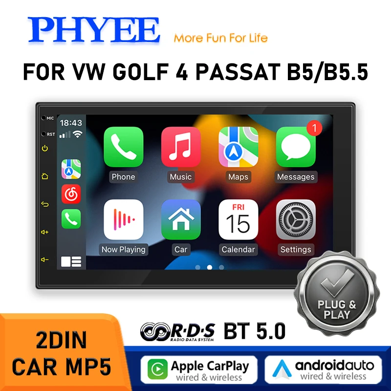 PHYEE 2 DIN CarPlay Radio for VW Golf MK4, Passat B5 B5.5, Car Stereo with Wireless Android Auto, BT RDS AM FM, 7" Touch Screen