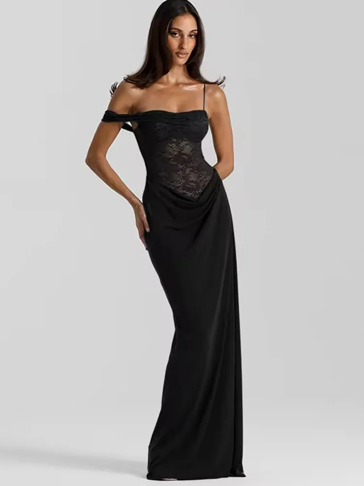Sexy Maxikleid für Damen 2026 – Ein-Schulter-Spitzenkleid, transparentes Kleid, modisches schulterfreies, ärmelloses, rückenfreies langes Clubkleid