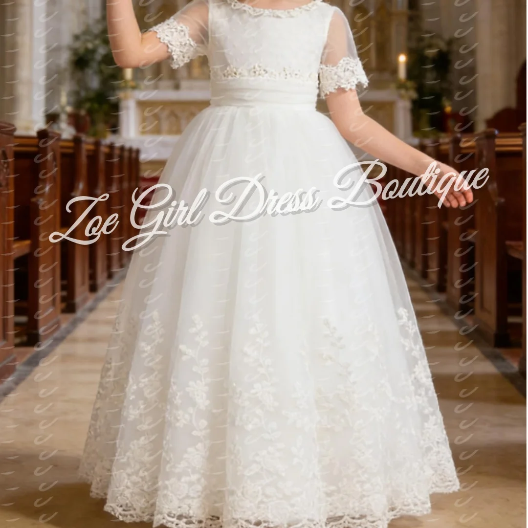 White Sheer Short Sleeve Lace Embroidered Tulle Flower Girl Dress Back Bow Gown Wedding Pageant Birthday First Communion Custom