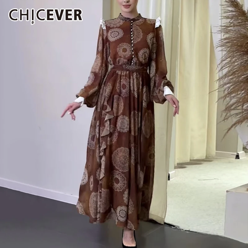 

CHICEVER Elegant Print Loose Dress For Women O Neck Long Sleeve High Waist Spliced Single Breasted Casual Muslim Dresses Female