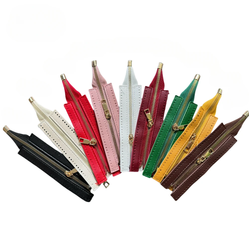 18cm Metal Zippers for DIY Handbag Fashionable Gold Color Zipper with PU Band Hand Crocheting Bag Zippers