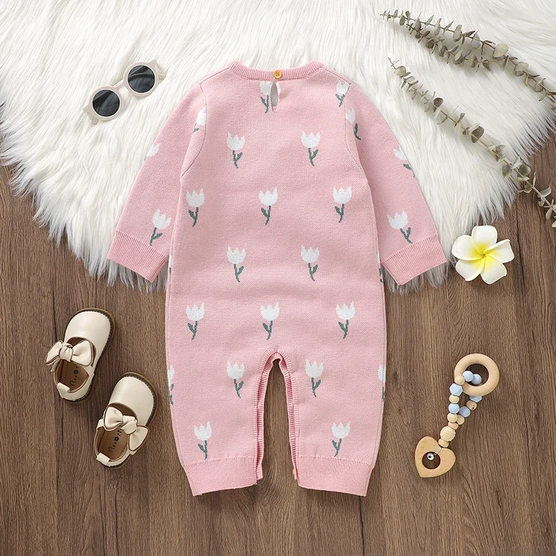 Autumn Baby Romper Knitted Infant Boys Clothes Overalls 0-18M Fashion Cute Tulips Newborn Girls Jumpsuit Outfit Long Sleeve Warm