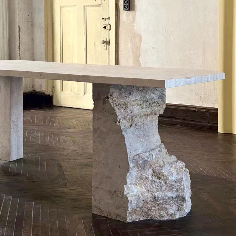 S@ Simple Travertine Dining Table With Irregular Edge Design Kitchen Guest Dining Room Suitable for Modern Style