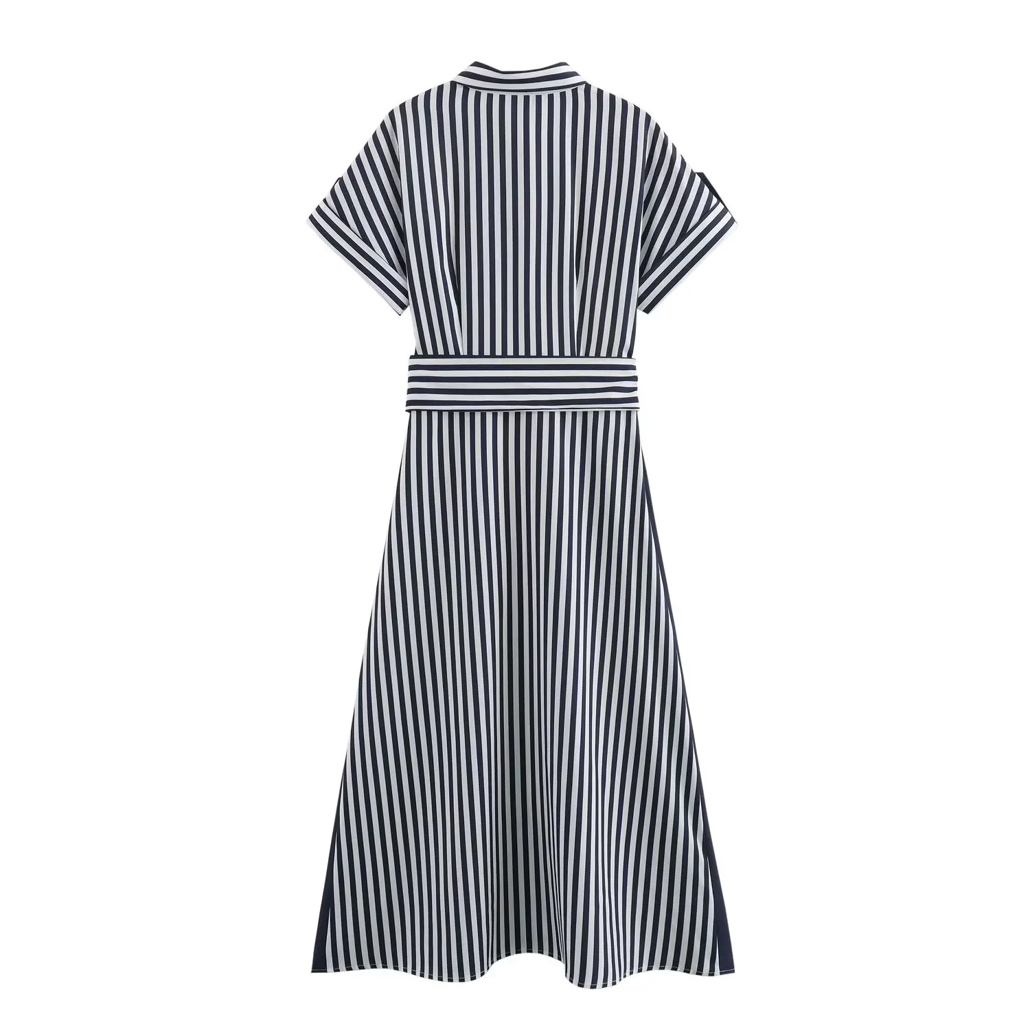 TRAFZA Classic Casual Striped Dress Women\'s Blazer Neck  Dress with Belt New 2024 Summer Fasion Office Lady Dress