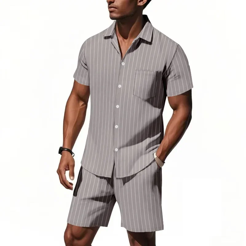 

Men's Summer New Linen Loose Casual Striped Short Sleeve Shirt Beach Shorts Set Breathable Comfortable Lightweight Versatile