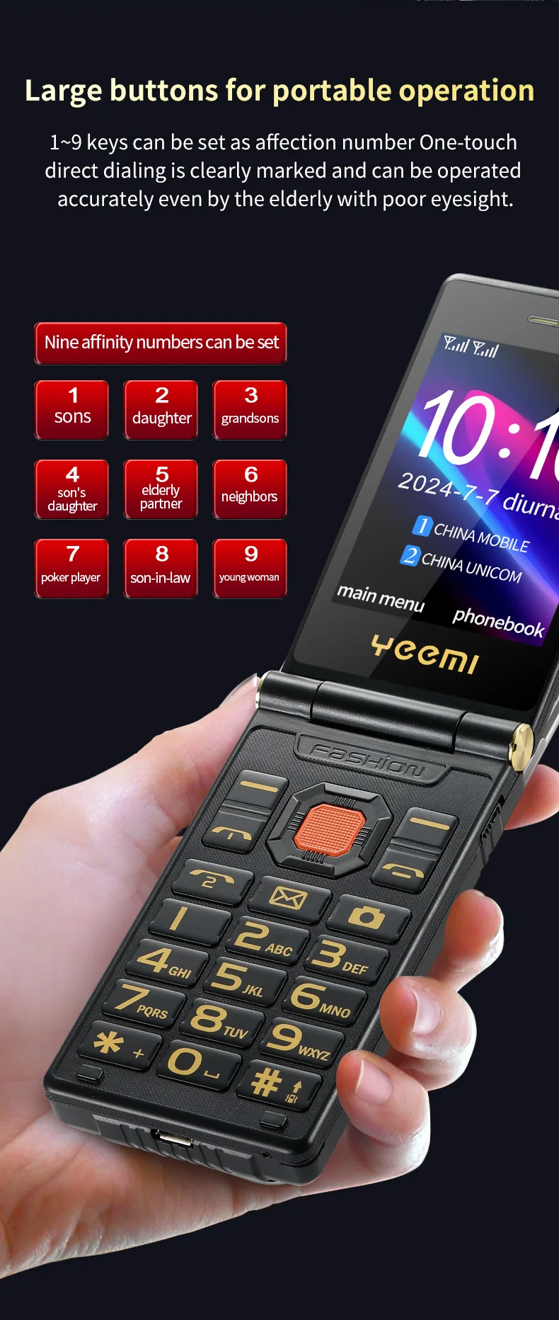 YEEMI M7+ Flip Mobile Phone LTE 4G Double Screen 2300 mAh MP3 MP4 Dual SIM Large Button SOS Quick Dialing Loud Sound CellPhone