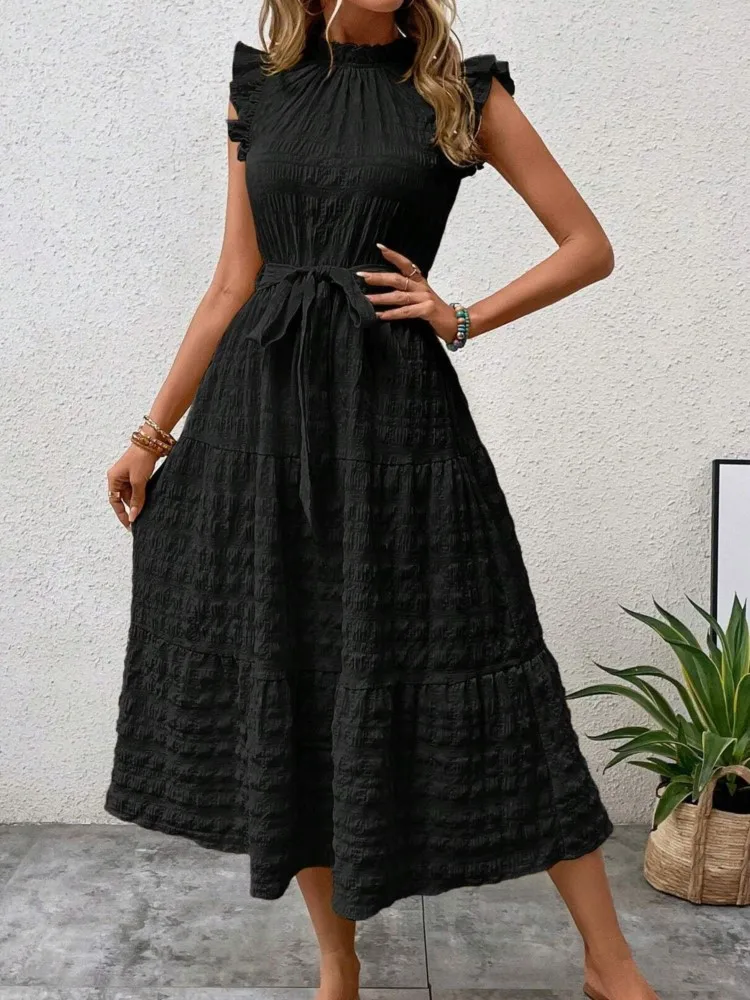 

Dress For Women Lace-up Clothing 2024 Summer Solid Casual Elegant Pullover Flying Sleeve Female Fashion Slim Sexy Long Vestidos