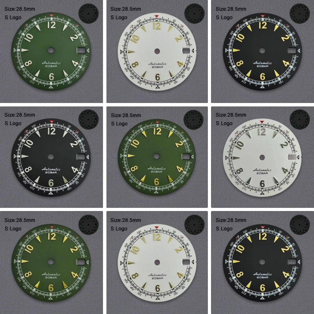 

Nh35 циферблат S логотип 28,5 мм ретро циферблат для часов зеленый светящийся для NH35 NH36 механизмы аксессуары для часов инструмент для ремонта